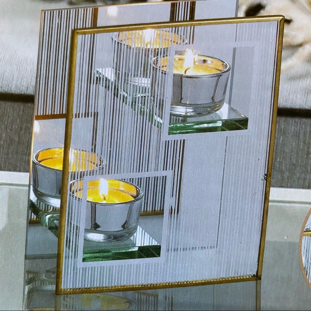 CANDLE HOLDER MIRRORED ELEGANT TEALIGHT GOLD TRIM ETCHED GLASS MOMENTUM BRANDS